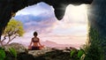3D illustration rear view of woman doing yoga in mountains at sunset