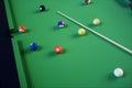 3D illustration recreation sport. Billiards balls with cue on green billiards table. Billiard sport concept. Pool Royalty Free Stock Photo