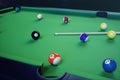 3D illustration recreation sport. Billiards balls with cue on green billiards table. Billiard sport concept. Pool