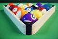 3D illustration recreation sport. Billiards balls with on green billiards table. Billiard sport concept. Pool billiard Royalty Free Stock Photo