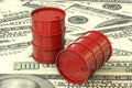 3d illustration: Red barrels of oil lie on the background of dollar money. Petroleum business, black gold, gasoline production. Pu Royalty Free Stock Photo