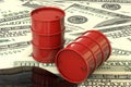 3d illustration: Red barrels of oil lie on the background of dollar money. Petroleum business, black gold, gasoline production Royalty Free Stock Photo
