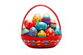 3D illustration of a red basket with colorful Easter eggs on isolated background Royalty Free Stock Photo