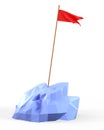 3D illustration of a red flag on the top mountain. Cute cartoon reaching goals concept. Objective attainment. Peak of success Royalty Free Stock Photo