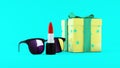 3D illustration of red lipstick, sunglasses and giftbox on mint background. Beauty concept.