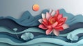 3D Illustration Of A Red Lotus Flower. Buddhist Vesak Greeting Card. Spa And Wellness. AI Generated