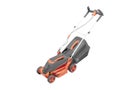 3d illustration of red professional electric lawnmower with grass catcher on white background no shadow