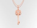 3D illustration red rose gold decorative key necklace on chain w Royalty Free Stock Photo