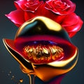 3d illustration of red roses and golden lips on a black background Generative AI