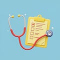 A 3D illustration of a red and silver stethoscope alongside a yellow clipboard with a Royalty Free Stock Photo