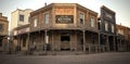 3D illustration render of an empty street in an old wild west town with wooden buildings Royalty Free Stock Photo