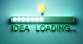 3d render illustrtion of lightbulb hovers over the word text IDEA LOADING on a loading half full progress bar