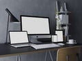 3d illustration render of mockup design of clean white monitor screen for your web design preview on grey modern workplace indoor