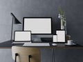 3d illustration render of mockup template of blank white screen for your web design portfolio on elegant workspace with