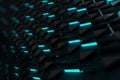 3D Illustration Rendering. Abstract Concept Tech wallpaper with 3D elements with led light rising. Depht of field, Bokeh