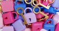 3d illustration rendering of bright locks and golden keys.