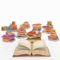 3D illustration rendering cartoon of many multi colored vintage books