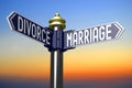 Marriage, divorce - choice concept - signpost with two arrows