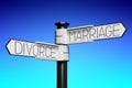 Marriage, divorce - signpost with one arrow, abstract blue sky