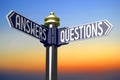 Questions, answers - signpost with two arrows, sunset sky Royalty Free Stock Photo