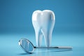 3D illustration rendering depicts dental inspection with a mirror on a blue background