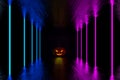 3D illustration, 3D rendering, The head of a scary demon pumpkin Decorated with lights on the wooden floor