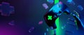 joystick button controller floating for gamer technology futuristic cyberpunk display, gaming scifi stage pedestal background