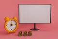 3d illustration rendering minimal computer monitor, alarm clock and coin on Roman background