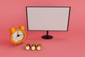 3d illustration rendering minimal computer monitor, alarm clock and coin on Roman background