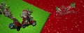 3D Illustration , 3d rendering . Santa Claus and deer Ride Scooter Christmas Holiday Happy New Year Greeting Card