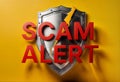 3d render illustration of a shield with a lightning bolt through the text word SCAM ALERT Royalty Free Stock Photo