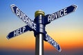 Help, support, advice, guidance - signpost with four arrows