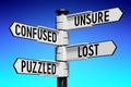 Unsure, confused, lost, puzzled - signpost with four arrows