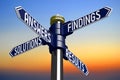 Findings, answers, solutions, results - signpost with four arrows