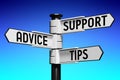 Support, advice, tips concept - signpost with three arrows