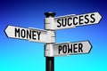 Success, money, power - signpost with three arrows Royalty Free Stock Photo