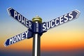 Power, money, success - signpost with three arrows, sunset sky Royalty Free Stock Photo