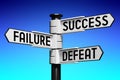 Success, failure, defeat concept - signpost with three arrows Royalty Free Stock Photo