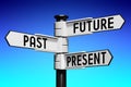 Future, past, present concept - signpost with three arrows Royalty Free Stock Photo