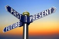 Future, present, past - time concept - signpost with three arrows, sunset sky Royalty Free Stock Photo