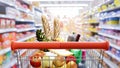 3D illustration Render. Supermarket aisle with empty green shopping cart