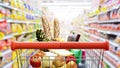 3D illustration Render. Supermarket aisle with empty green shopping cart