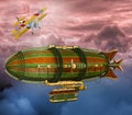 3D Illustration of Retro Steampunk Zeppelin and airplane Scene