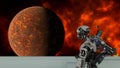 Illustration of a robot looking through a clear window at a fiery red planet and moons Royalty Free Stock Photo
