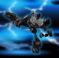 3D Illustration Robot Transformer Fighter on the Background of Lightning