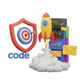 3D Illustration of a Rocket Launching Next to Code and a Shield with a Target Keywords: rocket, launch, code, programming, Royalty Free Stock Photo