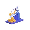 3d illustration of a rocket launching from a smartphone displaying a financial growth chart with coins Royalty Free Stock Photo