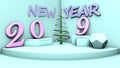 3D illustration of a room with a symbol of the New year, 2019 Objects on the figures and a stylistic Christmas tree in the corner