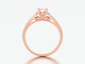 3D illustration rose gold solitaire wedding diamond ring with he