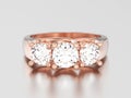 3D illustration rose gold three stone diamond ring